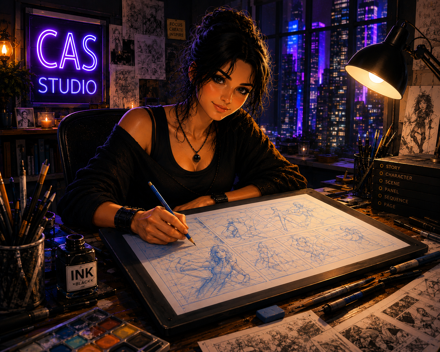 CAS creating comics at a drafting table inside CAS Studio